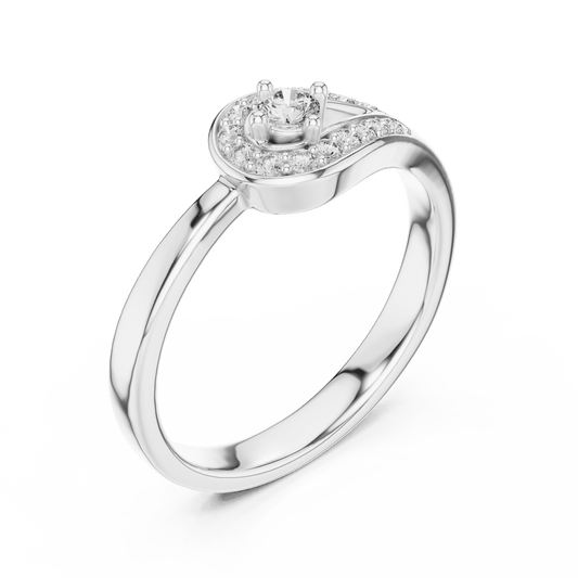 Diamond ring with a central halo on a tear-drop band