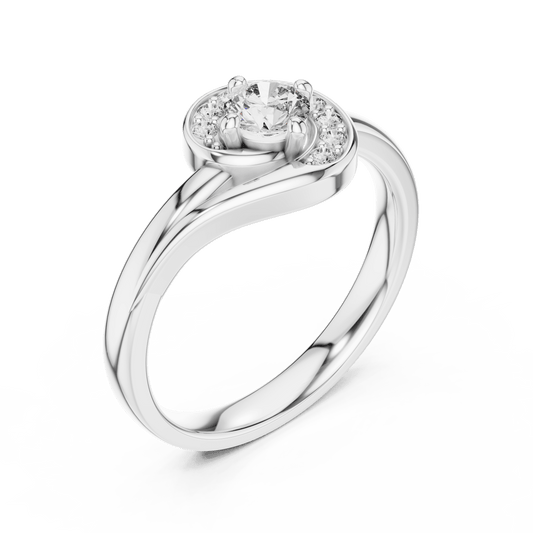 Solitaire ring with swirling halo of accent diamonds
