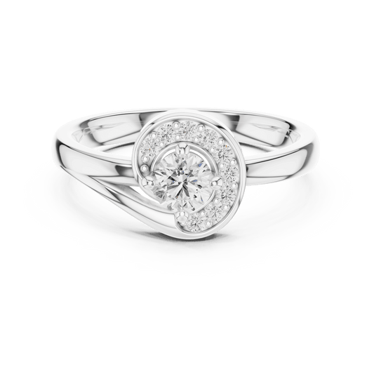 Solitaire ring with swirling halo of accent diamonds