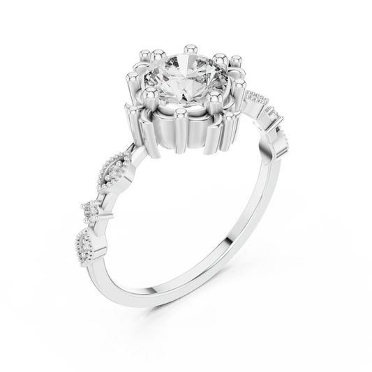 Solitaire ring with textured band studded with diamonds