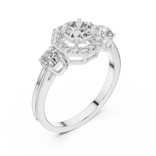 Octagon shaped solitaire ring with 2 side stones