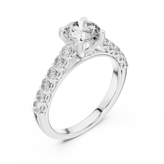 Four prong Solitaire ring with studded pave-style band
