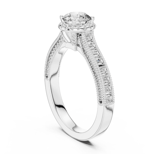 Solitaire ring with Baguettes with halo